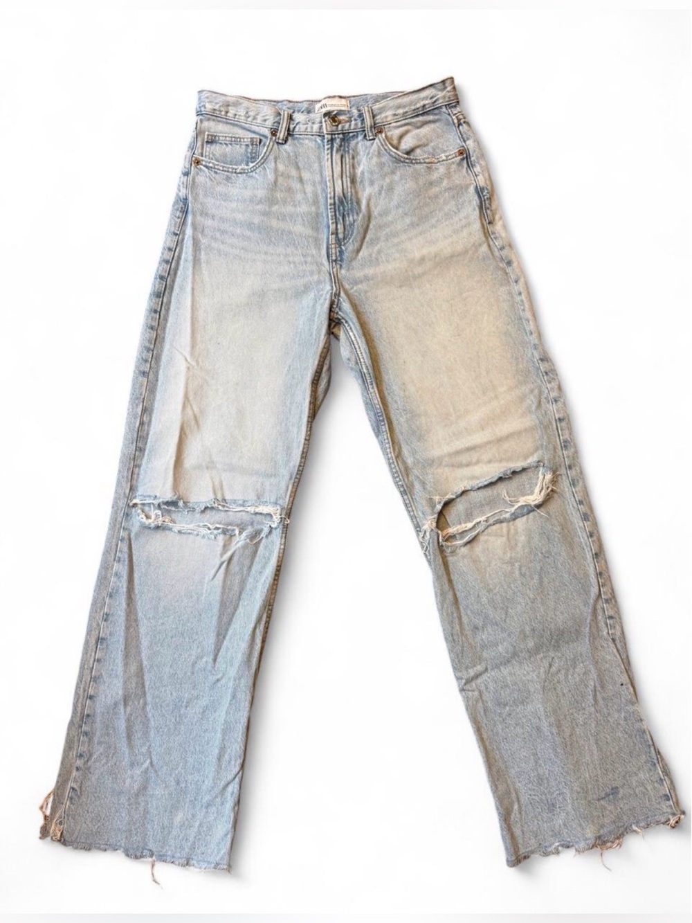 Zara High Waisted Light Wash Distressed Jeans